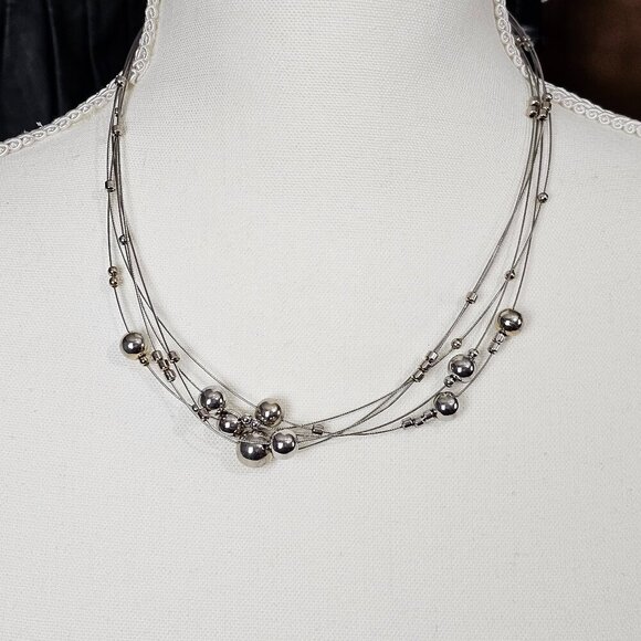Lia Sophia Kinetic Vintage Mod Silver Tone 5-Strand Wire Floating Beads Necklace - Picture 1 of 6